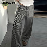 Joskaa Japanese Y2K Subculture Niche Stripe Design Lace Up Low Waisted Casual Pants Spicy Girls' Hanging Knitted Wide Leg Pant