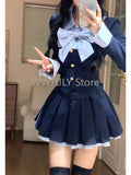 Joskaa New Vintage Blue Stripe Patchwork Elegant Long Sleeve Mini Dress Women College Style Button Pleated Short Dress Fashion Trend