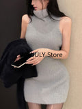 Joskaa 2025 Autumn Elegant Knitted Suit Woman Black Sweater Tops Slim Bodycon Sleeveless Dress Casual Y2k Mini Dress Korean Fashion Set