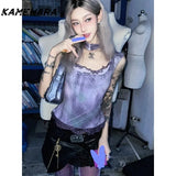 Joskaa Japanese Sweet Spicy Girl Y2k Style Purple Lace Patchwork Short Sleeved Top for Women Design Niche Light Short T-shirts