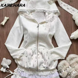 Joskaa Sweet Girl Cute Hooded Ear Set Lace Up Hoodie Jacket Fashionable High Waisted Cake Skirt Spring Autumn Y2k 2 Piece Set