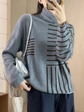 christmas outfit Joskaa Long Sleeves Loose Contrast Color Striped High Neck Pullovers Sweater Tops