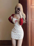 Joskaa Korean 2 Piece Dress Sets Women Casual Knitted Short Cardigan + Outwear Elegant Sweet Floral Strap Mini Dress Chic 2025 Spring