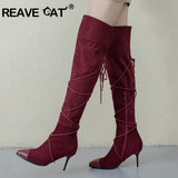 thanksgiving outfit Joskaa REAVECAT Motorcycle Boots Pointed toe Thin heels Flock Cross-tied Big size 34-48 Club Party A3104