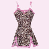 Joskaa Y2k women dress chic lace leopard print retro fashion casual street punk hip hop emo girls Harajuku sweet V-neck suspender dress