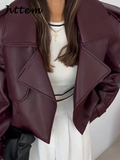 Joskaa Fashion Women's Burgundy Crop Leather Jacket Vintage Lapel Pockets Long Sleeve Coat 2024 Autumn Winter Lady Street Loose Outwear