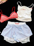 Joskaa Woman New Korean Fashion Lace 4 Piece Set Spicy Girls Y2k Elastic V Neck Sling Plaid Top + Casual  Bow Short Pants Chic