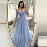 Joskaa Baby Blue A-line Evening Dress Long Sleeve Prom Dress Customized Sexy V-neck Party Dress Elegant Tulle Prom Gown 2024-(PRE-ORDER)