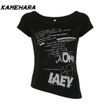 Joskaa Y2K Dark Letter Printed Diagonal Shoulder Loose Short Sleeve Millennium Spicy Girl Niche Street Sexy Backless T-Shirts