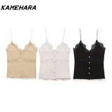 Joskaa Japanese Shibuya Street V-neck Strap Fashion Sexy Solid Color Buckle Lace Ribbed Strap Vest Y2k Tank Top Women 민소ë§?í‹?여성