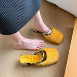 Joskaa Comfortable Soft Fur Mules Slippers Women Autumn Winter Square Heels Warm Plush Slippers Woman High Heel Faux Fur Slides