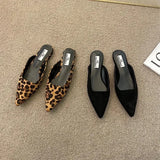 Joskaa Women Slippers Pointed Toe Leopard Design Shallow Slip on Thin Low Heels Black Flock Design Casual Mules Loafers Black Outdoor