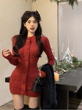 Joskaa 2025 Autumn Winter Red Warm Knitted Sweater Dress Slim Korean Fashion Y2k Mini Dress Woman Casual Short Party Dress Outwear