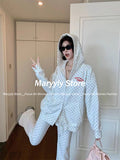 Joskaa Autumn Japanese Style Polka Dot Embroidery Pants Set Women Casual Loose Hoodie Coat + Higt Waist Straight-leg Pants 2 Piece Set