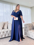 Joskaa Comfy Chiffon A-line Prom Dress Side Split Vestidos De Fiesta Navy Blue Puffy Sleeve فساتين سهرة-(PRE-ORDER)