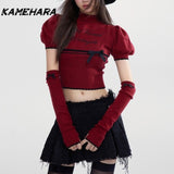 Joskaa Y2k Sweet Bow Half High Neck Bubble Sleeve Knitted Sweaters Spring Summer Red Short Sleeved Slimming Pullovers Свитер