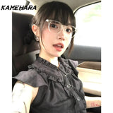 Joskaa Y2k Aesthetics Pleated Shirt Grunge Gothic Skull Print White Shirts Trashy 2000s Style O-neck Blouses Japanese Harajuku