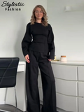 thanksgiving outfit Joskaa Elegant Top Pants Sets Women Long Sleeve O-neck Pleated Slim Waist Tops Wide Leg Trousers 2024 Autumn Fashion Office Lady Suits