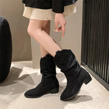 Joskaa Suede pleated autumn thick heel plus medium heel long leg fashion boots 2025  retro but knee pile boots for women