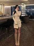 Joskaa French Elegant Slim Knitted Dress Short Party One Piece Dress Korean Fashion 2025 Winter Sexy Bodycon Y2k Mini Dress Woman Chic