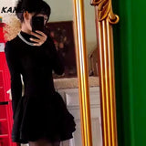 Joskaa Sweet Spicy Heiress Black Robe Harajuku Style Semi High Neck Long Sleeve Waist Cinching Slimming Y2k Knitted Puffy Gown