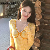 Joskaa Japanese Sweet Girl Striped Checkered T-shirt Long Sleeved Spicy Girl Slim Fit Spring Niche Wear Slimming Bottom Y2k Top