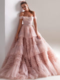 Joskaa Light Pink Ball Gown Evening Dress Sweet Tulle Sweep Train Prom Dress 2025 Off Shoulder Party Dress  فساتين مناسبة رسمية-(PRE-ORDER)