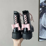 Joskaa Sweet Cool  Boots Women's Summer Pink Bow Lacquer Leather Skinny Motorcycle Boots English Style Thick Sole Short Boots