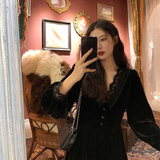 Joskaa French Vintage Dress Women Lace Velvet Black Elegant Party Dress Female Autumn 2020 High Waist Long Sleeve Midi Gothic Dress