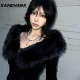 Joskaa Harajuku Style Fashion Fur Collar Solid Color Cardigan V-neck Tops Lady To Wear High-end Half Skirt Y2k Two-piece Sets