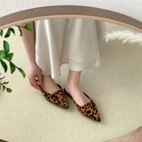 Joskaa Women Slippers Pointed Toe Leopard Design Shallow Slip on Thin Low Heels Black Flock Design Casual Mules Loafers Black Outdoor