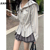 Joskaa Japanese Harajuku Style Spring Striped Long Sleeve Slim Fit Shirt Y2k Pleated Skirt College Style Two-piece Sets Female