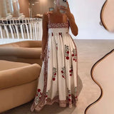 Joskaa Fruit Printed Sling Dress Women Loose Square Collar Sleeveless Backlesss Pleate Patchwork Dresses 2024 Summer Lady Vacation Robe