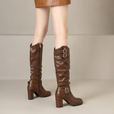 thanksgiving outfit Joskaa Female Knee Boots Round Toe Chunky Heels 7.5cm Size 50 51 52 Pleated Vintage Daily Bota