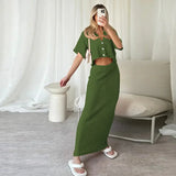 Joskaa Casual Knit Hollow Out Skirt Sets Women 2 Pieces Loose Lapel Button Short Sleeve Crop Top Long Skirts 2024 Summer Lady Outfits