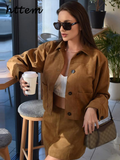 Joskaa Vintage Short Suede Jacket Mini Skirt Set Women Lapel Single Breasted Crop Coat A-line Skirts 2024 Autumn Lady Commute Outfit