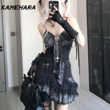 Joskaa Fashion Spicy Girl Subculture Slimming Contrasting Suspender Short Dresses New Design Sense Lace Patchwork Y2k Vestidos