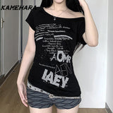 Joskaa Y2K Dark Letter Printed Diagonal Shoulder Loose Short Sleeve Millennium Spicy Girl Niche Street Sexy Backless T-Shirts