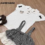 Joskaa Japanese Soft Girl Cute Doll Collar Cartoon Short Sleeve T-shirt Sweet Lace Strap Grid Cake Puff Skirt Y2k 2-piece Sets