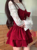 Joskaa Women Rave Birthday 2000s Shoujo Girl Korean Fashion Outfits 3 Piece Set Long Sleeve Lace Tops + Red Velvet Cami Dress + Shorts