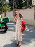 Joskaa 2025 New Sweet Sexy 2 Piece Dress Set Wonan Red Short Cardigan Print Sleeveless Midi Dress Party Korean Fashion Suit Female