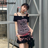 Joskaa Japanese Abitu One Shoulder Striped Short Sleeved T-shirt Summer Y2k Millennium Hot Girl Elastic Off Shoulder Waist Top