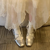 Joskaa Spring Square Toe Ballet Shoes Fashion Low Heel Mary Jane Shoes Casaul Silver Cross Buckle Shallow Soft Sole Shoes