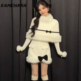 Joskaa Autumn French High-end Fashion 3-piece Set Fur Collar Shawl Style Bow Top Harajuku Style Half Skirt High-end Y2k Sets