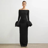 Joskaa Sexy Off Shoulder Flare Sleeve Long Dress Women Elegant Patchwork Slash Neck Party Dresses 2024 Autumn Lady Black Evening Gown