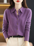 christmas outfit Joskaa Casual Loose Long Sleeves Buttoned Solid Color Lapel Collar Cardigan Tops