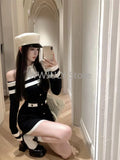 Joskaa Woman Black Fake Two Piece One Shoulder Long Sleeve Dress Sexy Slim Bodycon Dress Short Party Elegant Y2k Mini Dress Chic