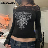 Joskaa Gothic Print Cropped Top Black Lace Stitched Off-shoulder Slash Neck T-shirts Casual Spring Tees Y2k Aesthetic Blouses