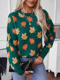 christmas outfit Joskaa Long Sleeves Loose Contrast Color Jacquard Knitted Leaves Split-Joint Round-Neck Pullovers Sweater Tops