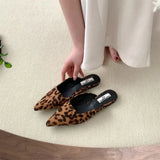 Joskaa Women Slippers Pointed Toe Leopard Design Shallow Slip on Thin Low Heels Black Flock Design Casual Mules Loafers Black Outdoor